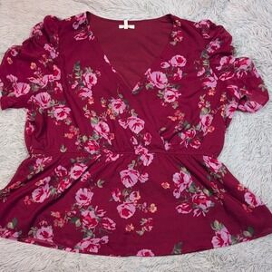 Maurices Burgundy Floral V-Neck Peplum Blouse
